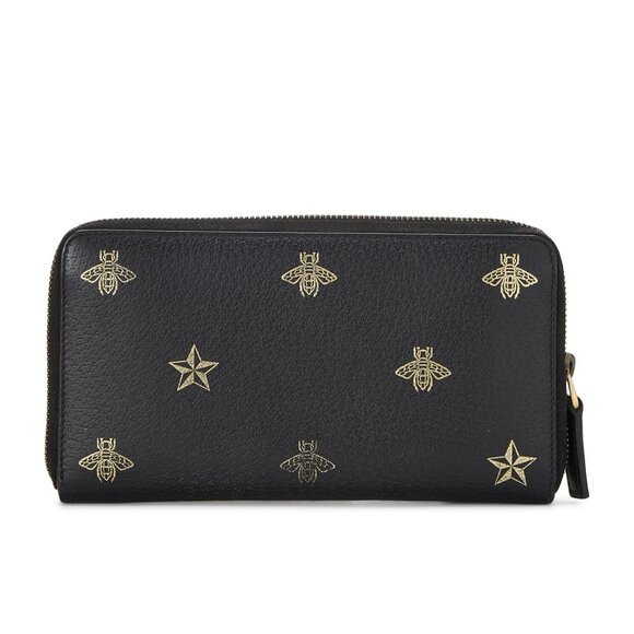 Gucci Black Leather Large Long Wallet Zip Around Gold Oro Bee Star Italy NEW - Picture 15 of 16